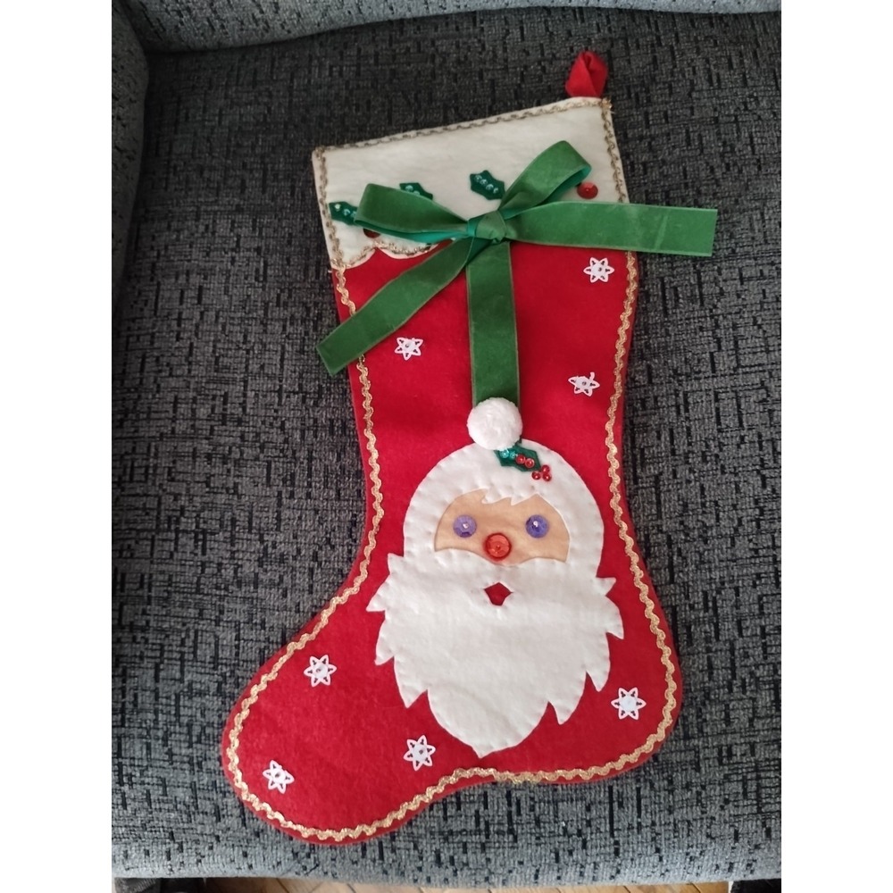 Vintage Felt Homemade Christmas Stocking Santa Holly Sequins Gold Trim Retro